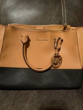 Michael Kors Tan and Black Saffiano Leather Tote with MK Charm